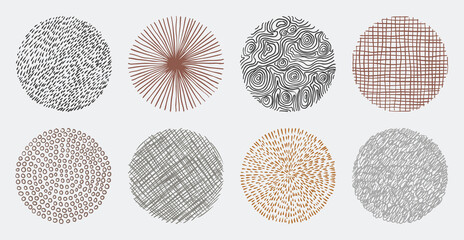 Set of hand drawn abstract lines and curves patterns. Circle doodle background frame elements.