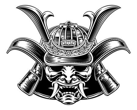recommend clip art: Samurai Mask Helmet Vintage Etching Woodcut Style
