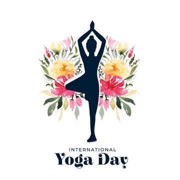 international yoda day celebration background with female in yoga pose and flowers