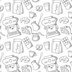 seamless pattern for coffee shop and packaging, with snacks, desserts and coffee
