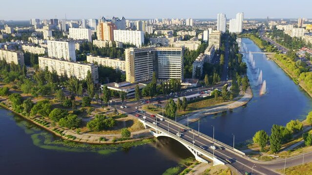Aerial drone footage of Rusanivka district in Kyiv at sunset, Ukraine