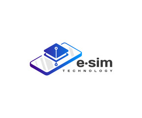 Embedded sim card with smartphone logo design. Digital eSIM chip motherboard vector design. Mobile communication technology logotype - obrazy, fototapety, plakaty