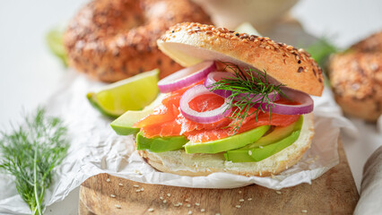Crunchy and homemade golden bagel for healthy lunch.