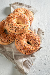 Freshly baked sweet and hot bagels for breakfast.