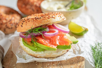 Spring and tasty golden bagel for healthy lunch.