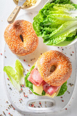 Tasty and spring bagel for fresh breakfast.