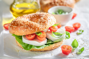 Spring and homemade bagels for healthy breakfast.
