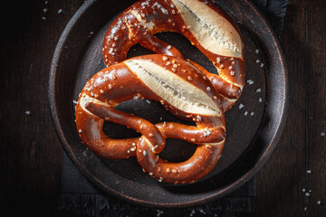 Delicious and salty pretzels as a snack for beer.