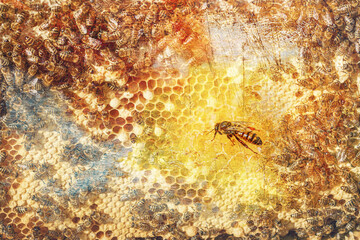 Bee honeycombs with honey and bees. Apiculture.