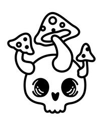 Skull and magical psychedelic mushrooms. Humorous composition. Human skull and mushroom sprouted. For stickers, posters, tattoos and t-shirt design. Vector illustration.