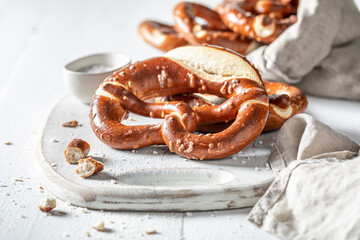 Yummy and crunchy pretzels as a snack for beer.