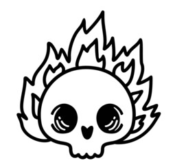Cut Skull on fire with flames. For T-shirt or poster design. Vector Illustration