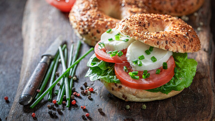 Yummy and crunchy golden bagels for healthy and fresh breakfast.