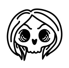 Cut Skull with hair. Female skull. Vector illustration. Woman Sugar skull. Line vector illustration