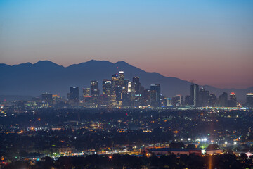 The Skyline of Los Angeles USA before the sunrise. Close-up picture taken in the early morning