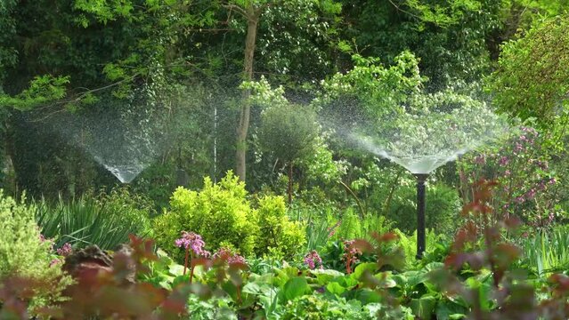 watering the garden in spring, beautiful nature, trees, flowers and decorative shrubs