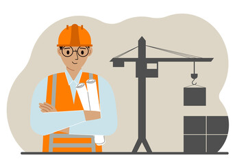 Happy engineer near the construction crane. Builder holding blueprints near construction machinery.