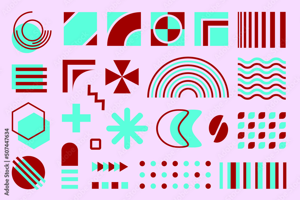Poster red and cyan geometric vintage design elements. modern shapes and patterns collection. abstract vect