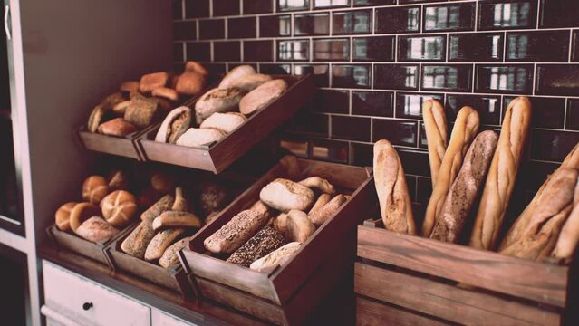 Fresh bread on shelves in bakery