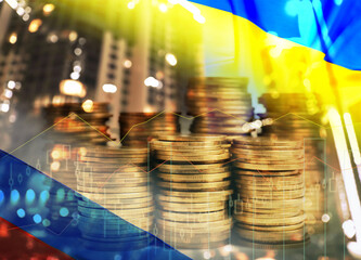 Multiple exposure of Ukrainian, Russian flags, coins and cityscape
