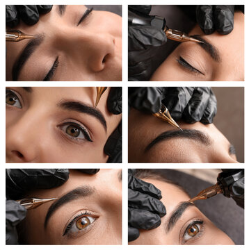 Collage with different photos of women undergoing permanent eyebrow makeup