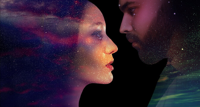 Double exposure of beautiful couple and starry sky on black background. Astrology concept