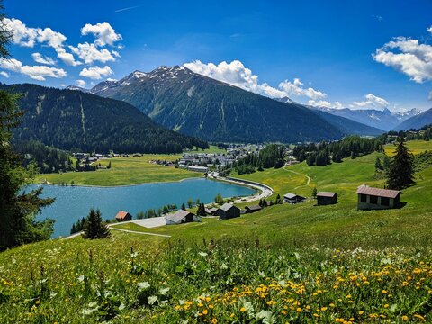 Davos highest city in Europe. Beautiful view of Lake Davos and Davos. Spring time in the mountains. mountain landscape