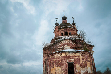destroyed Orthodox church in winter
