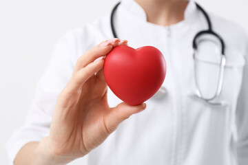 Doctor holding red heart on white background, closeup. Cardiology concept