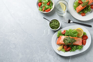 Tasty cooked salmon with pesto sauce and fresh salad on grey table, flat lay. Space for text