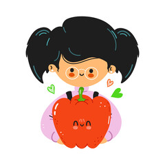 Young cute funny girl hold red pepper in hand. Girl hugs cute red pepper. Vector hand drawn doodle style cartoon character illustration icon design. Isolated on white background