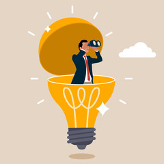 Entrepreneur open lightbulb idea using binoculars to see business vision. Creativity to help see business opportunity, vision to discover new solution or idea, curiosity, searching for success concept