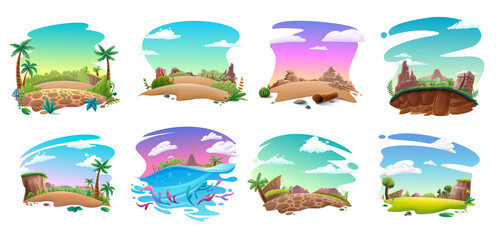 set of cartoon illustrations landscapes with plants nature mountains meadows trees