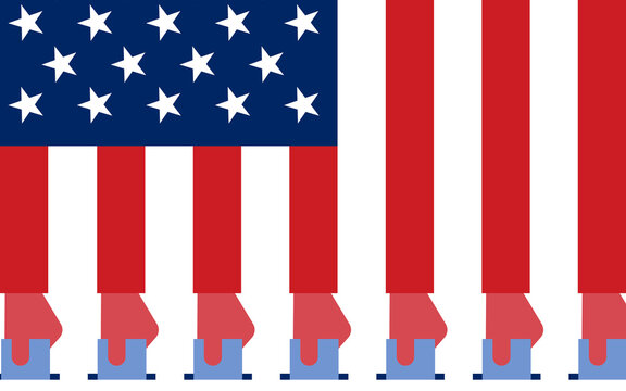Stripes of USA flag as hands holding ballots. US elections conceptual illustration.