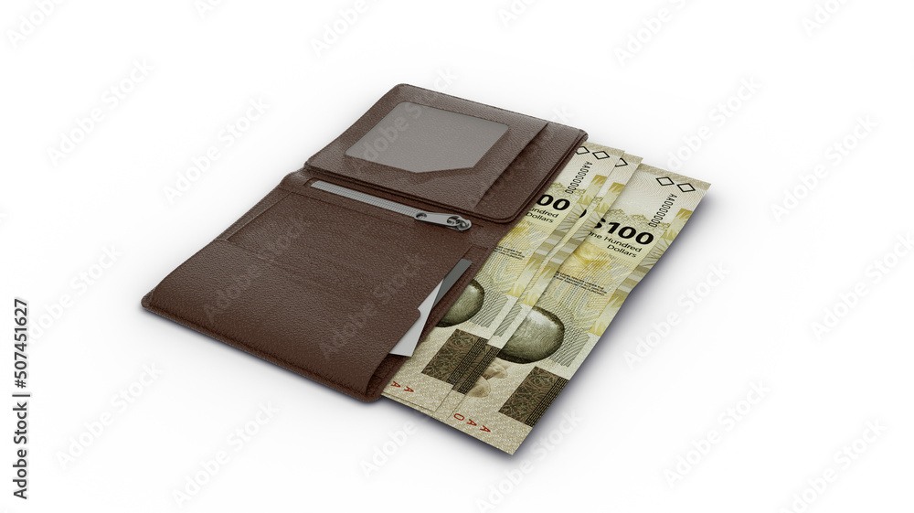 Poster 3d rendering of 100 bahamian dollar notes in wallet