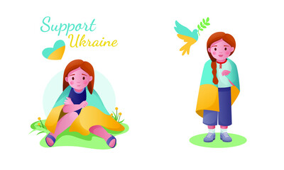 Support Ukraine and children with the Flag of Ukraine. Girl turned into a flag. Vector illustration of isolated children with the flag of Ukraine. Set