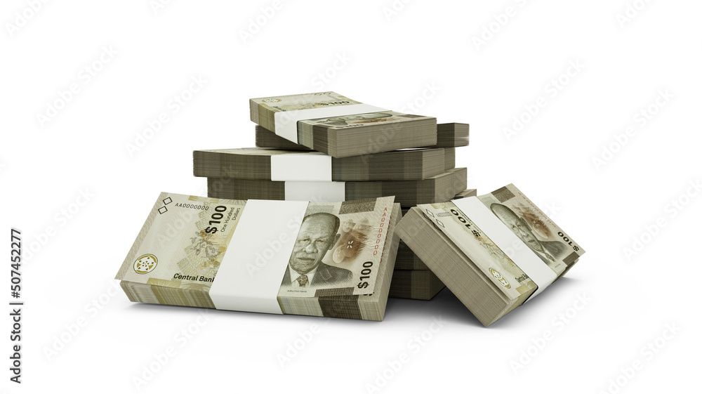 Poster 3d rendering of stack of bahamian dollar notes. bundles of 100 bahamian currency notes isolated on w