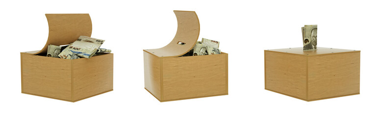 Bahamian dollar notes inside an open wooden savings box. set of savings concept. Generic Piggy Bank, Penny Bank, Money Box. 3d rendering