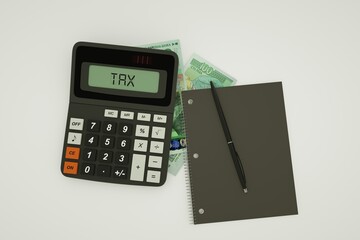 3D rendering of a composition of 100 Bulgarian lev notes, a calculator, a note book and a pen isolated on white background. Tax background design concept