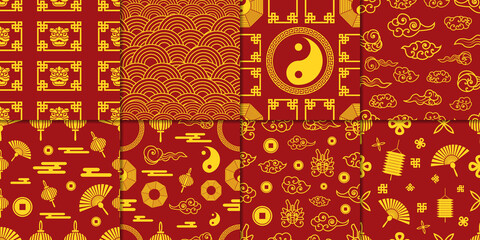 Set of Golden Chinese Pattern. Maroon Background Abstract Concept. Decorative Wallpaper.