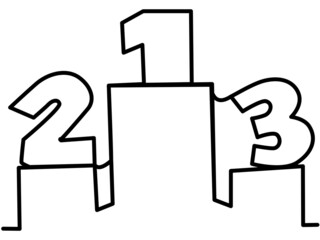 Pedestal with first, second and third place in one line on a white background. Prizes in linear style. The concept of sports competitions, olympiads, competitions. Stock vector image.