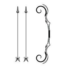 Abstract Black Simple Line Bow With Arrows Weapon Doodle Outline Element Vector Design Style Sketch Isolated On White Background Illustration For War, Battle