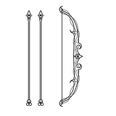 Abstract Black Simple Line Bow With Arrows Weapon Doodle Outline Element Vector Design Style Sketch Isolated On White Background Illustration For War, Battle