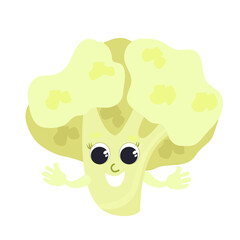 Cauliflower in cartoon style. Character design for baby food, packaging, for vegetable puree. The vegetable is happy and smiling.