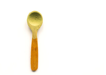 Healthy Eating Concept with Matcha, Moringa, Spirulina, Spinach, Kale, Wheatgrass, Alfalfa Superfood Powder in Wooden Spoon on White Background. Vegetarian and Vegan Diet