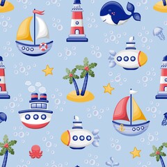 Fototapeta na wymiar Seamless pattern with sailing boats, submarine, lighthouse, whale and tropical beach. Vector illustration.