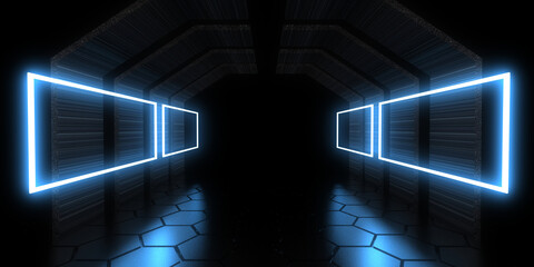 3D abstract background with neon lights. neon tunnel  .space construction . .3d illustration