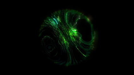 Particles sphere. Abstract neon particle cloud. Isolated on black background. Green color.