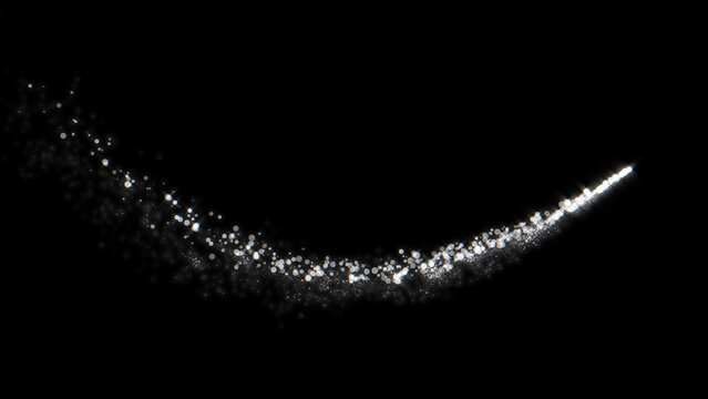 Silver Particles trail. Glowing bokeh particle. Isolated on black background. Overlay. Xmas abstract footage.