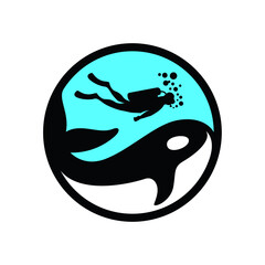 scuba diving logo. diver and orca logo. orca, scuba diving, fish, diver, snorkeling, animal, ocean, scuba, logo, active, activity, aquatic, blue - obrazy, fototapety, plakaty